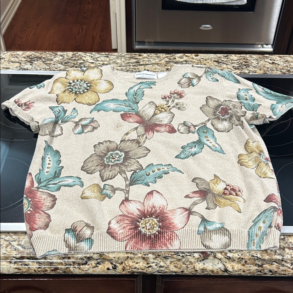 Alfred Dunner Beige Floral Embellished Sweater